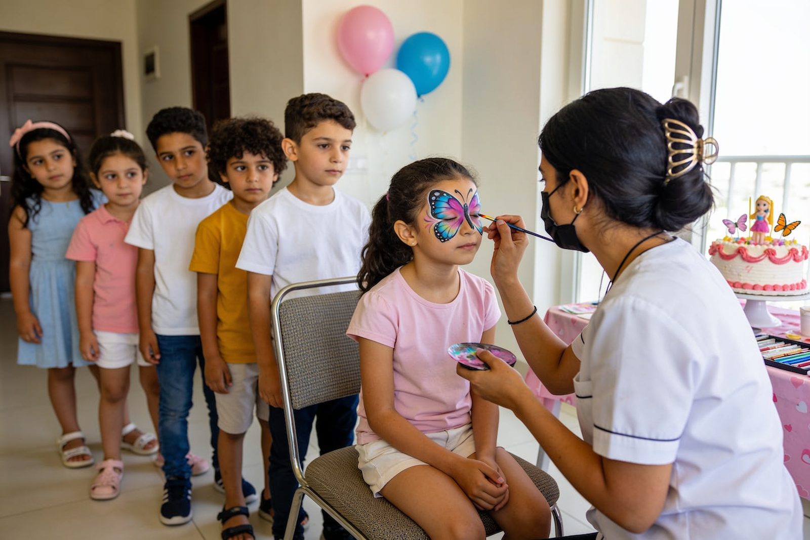 Girl having her face painted at a kids birthday party in Dubai