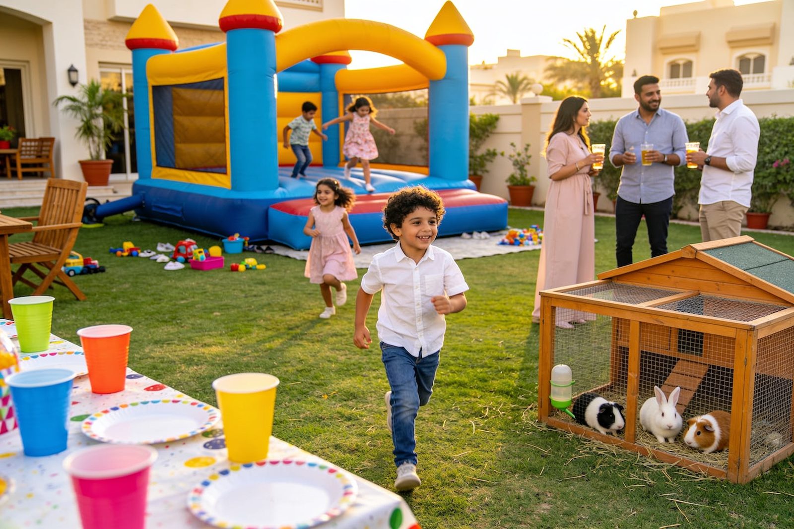 Kids birthday party with bouncy castle and petting corner in a Dubai garden