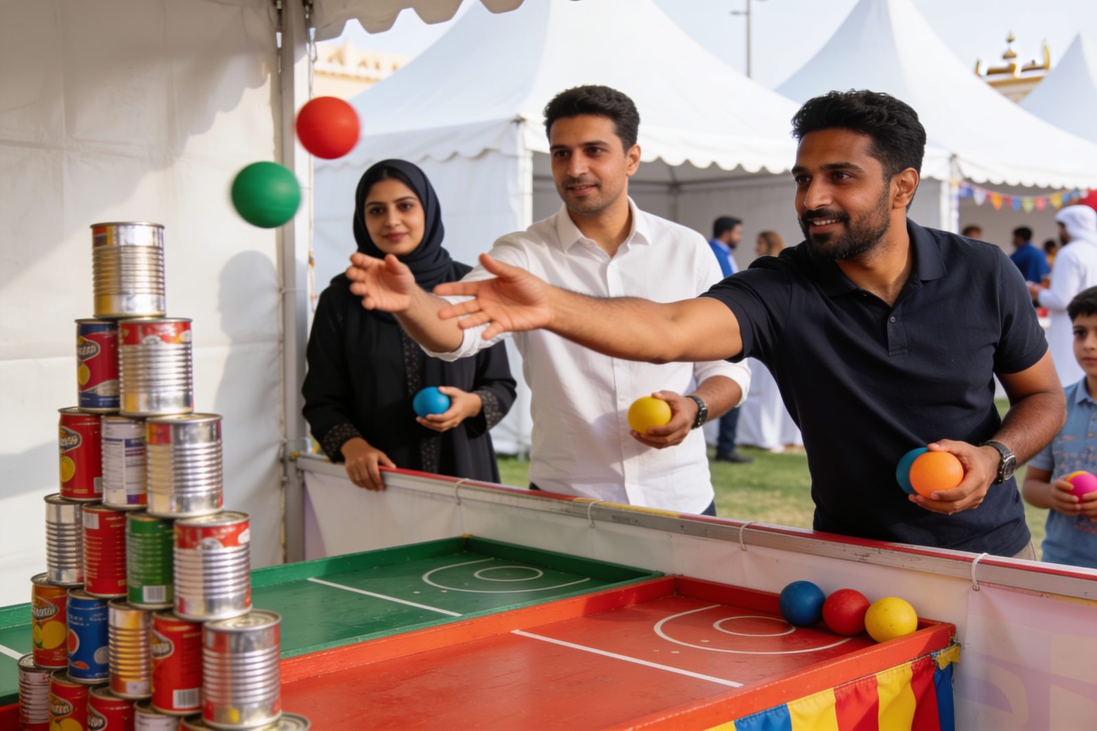 Adults playing can smash at a corporate family day in Dubai