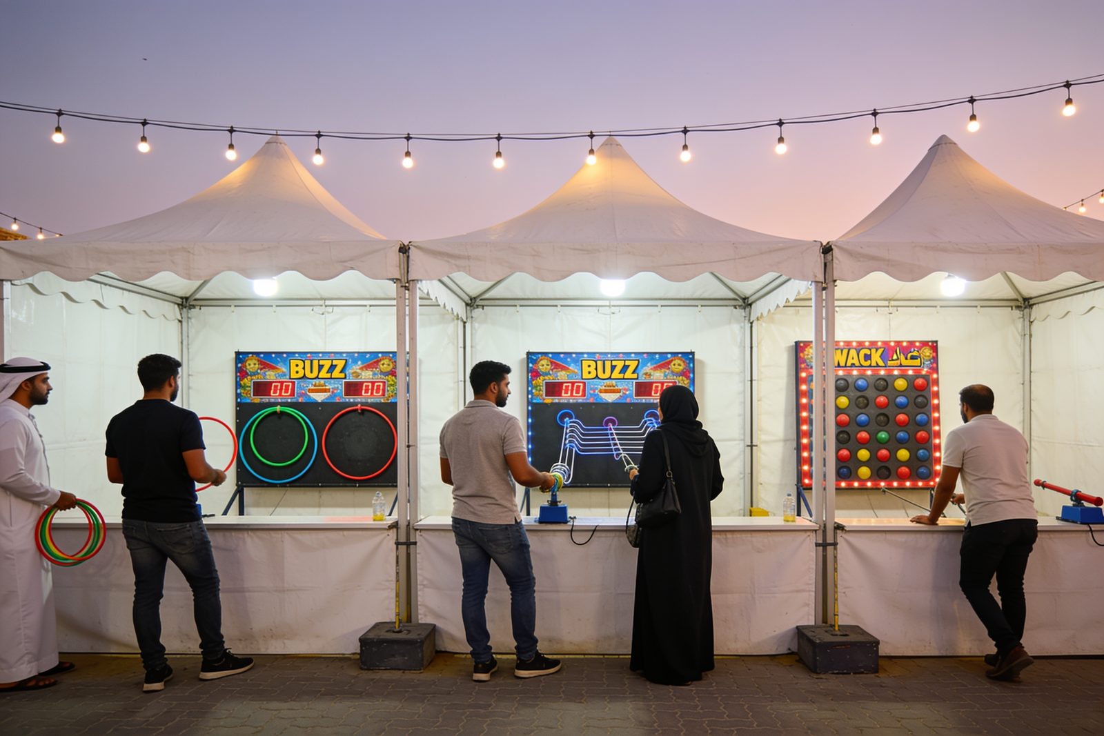 Row of carnival game stalls at a Dubai festival