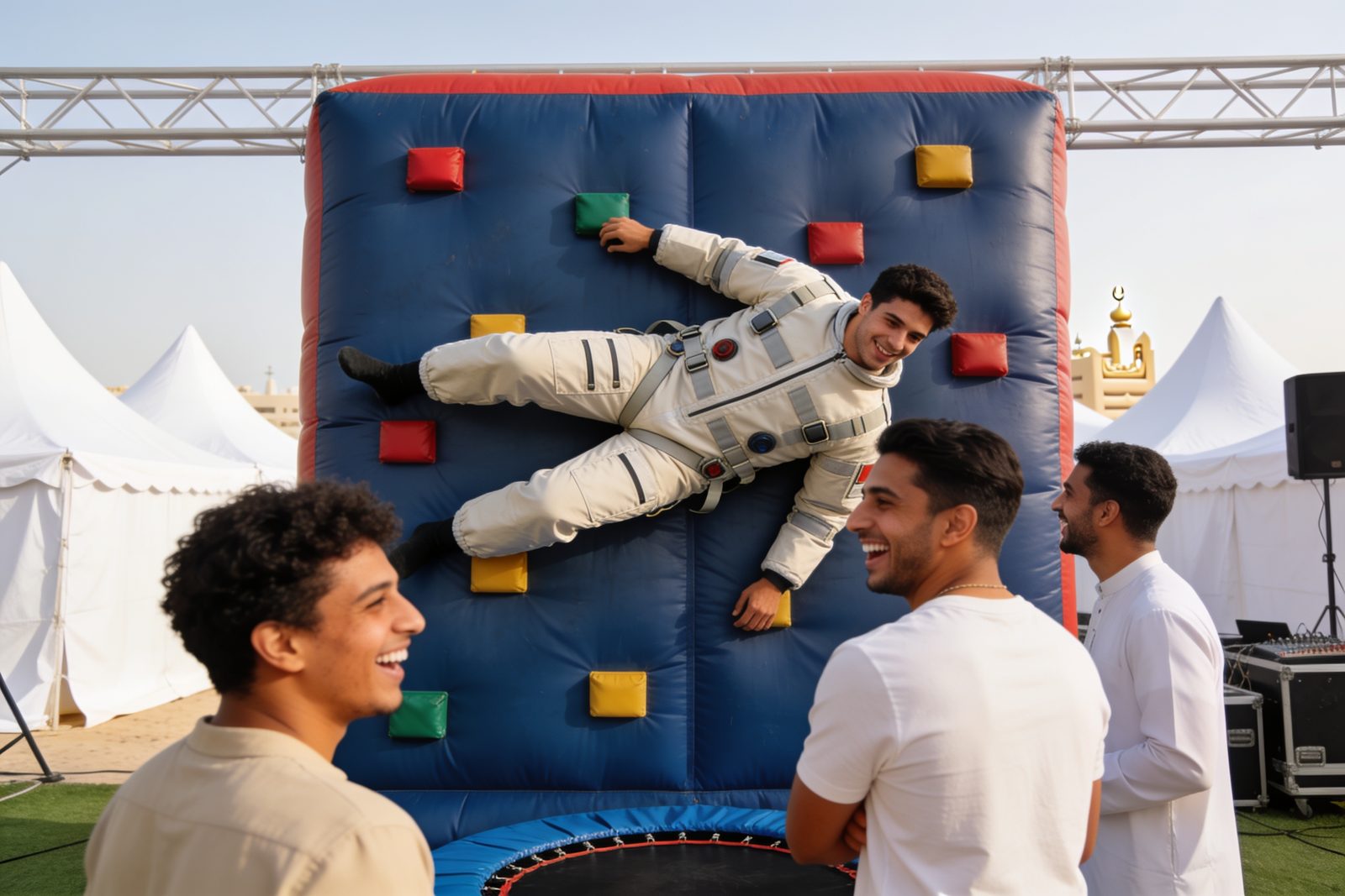 Player stuck on a velcro wall at a Dubai party