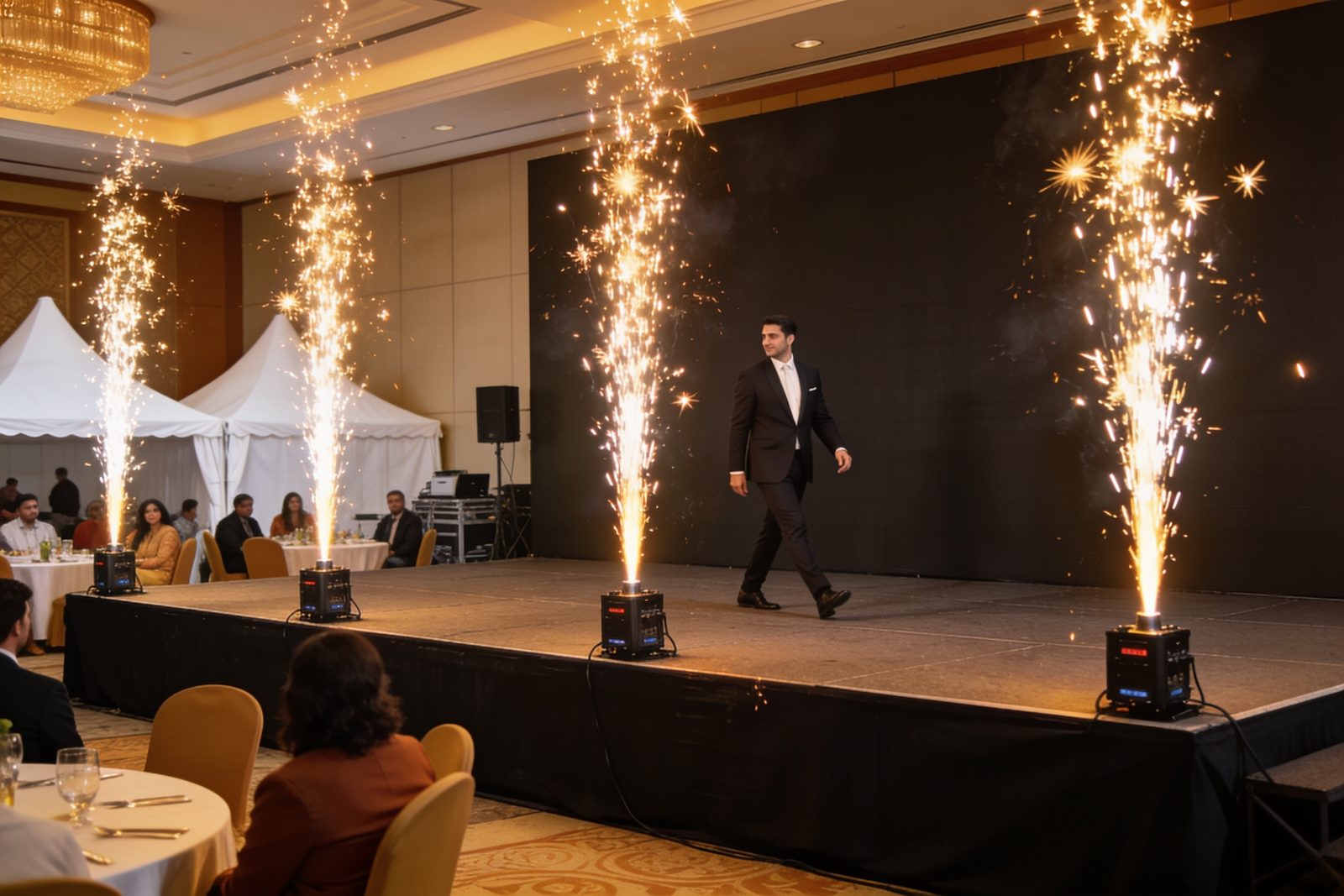 Cold spark machines on stage at a corporate gala in Dubai