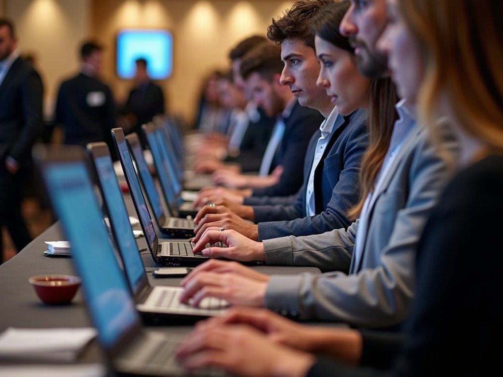 Rented laptops at a conference registration desk in Dubai