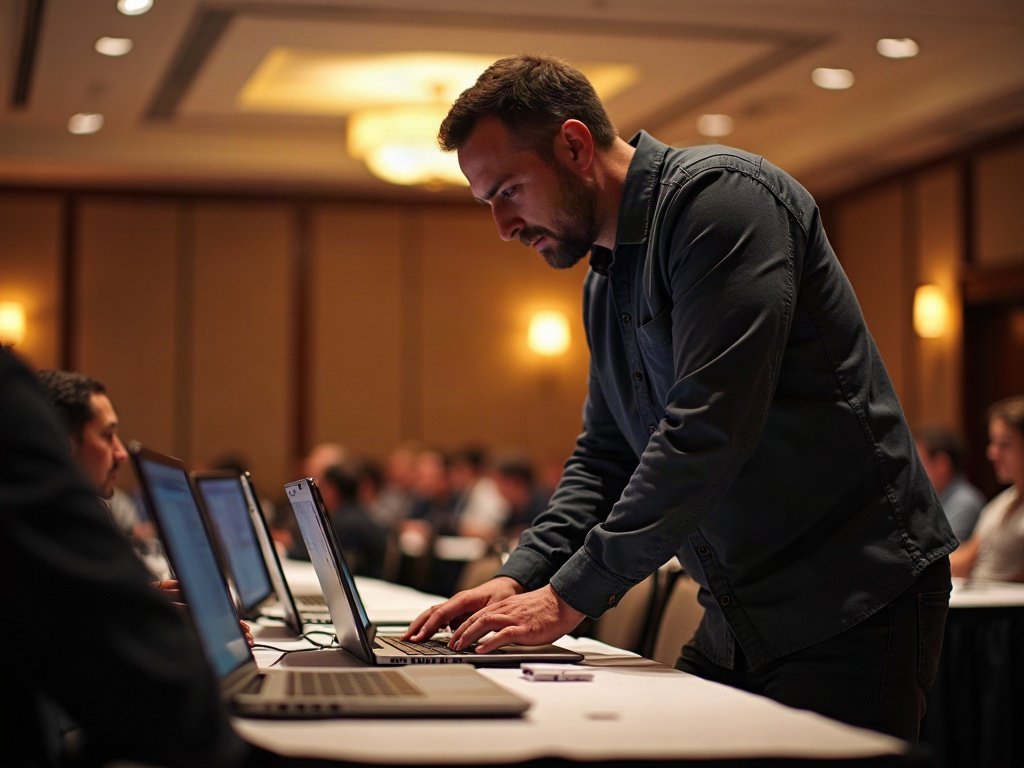 Technician setting up rented laptops for an event in Dubai