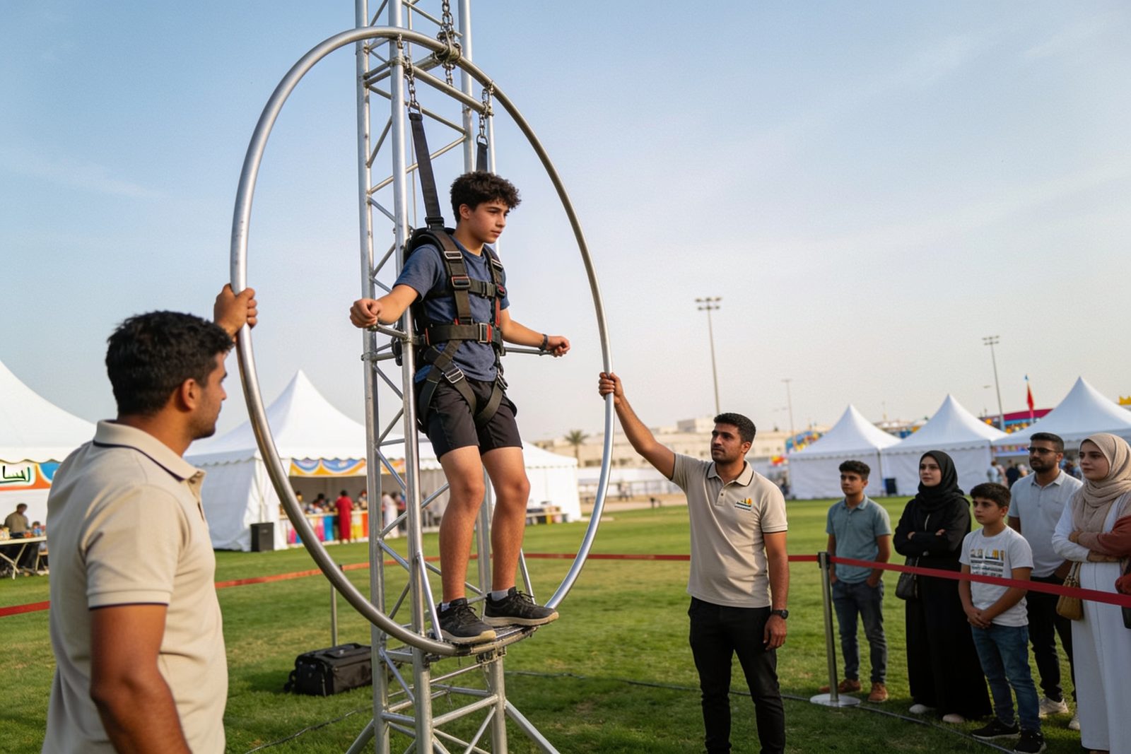 Human gyro wheel ride at a family festival in Dubai