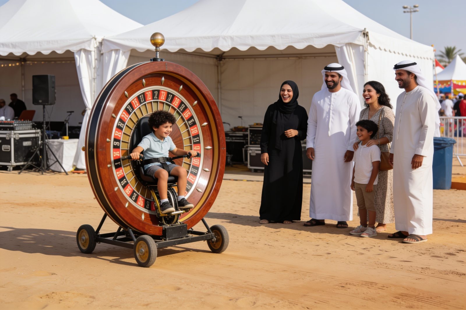 Child riding a human roulette wheel at a Dubai event