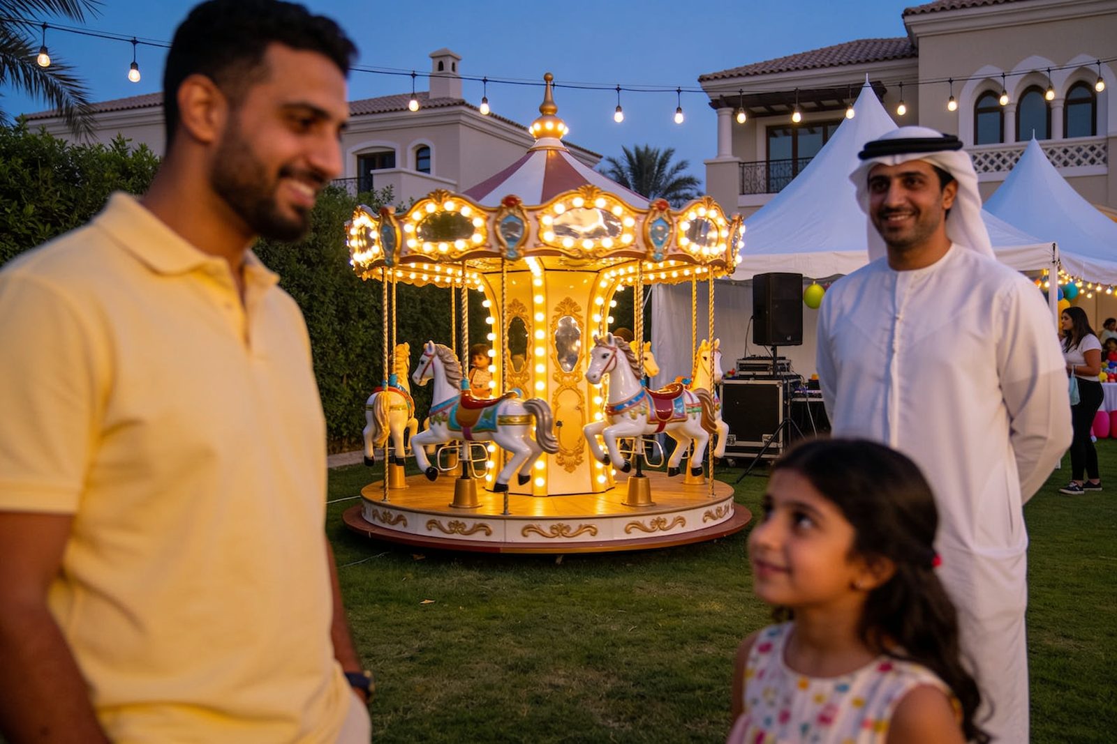 Mini carousel at a kids party in a Dubai villa garden