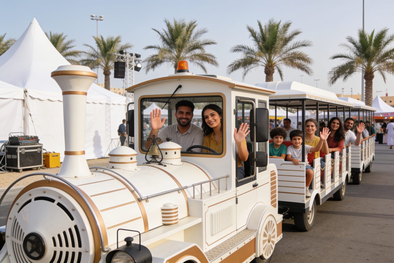 Trackless train at a family festival in Dubai
