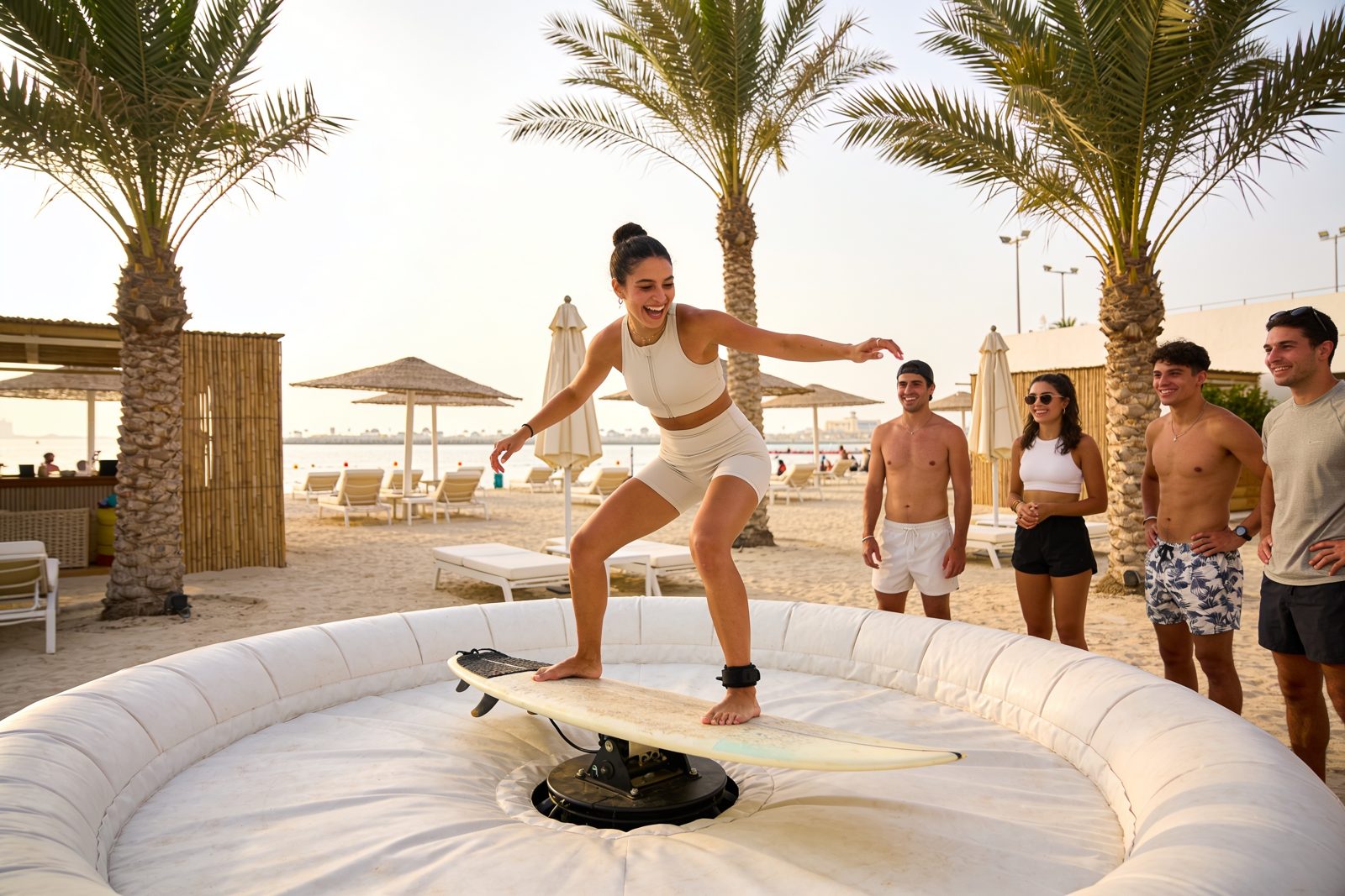 Woman falling off a mechanical surfboard at a Dubai beach club