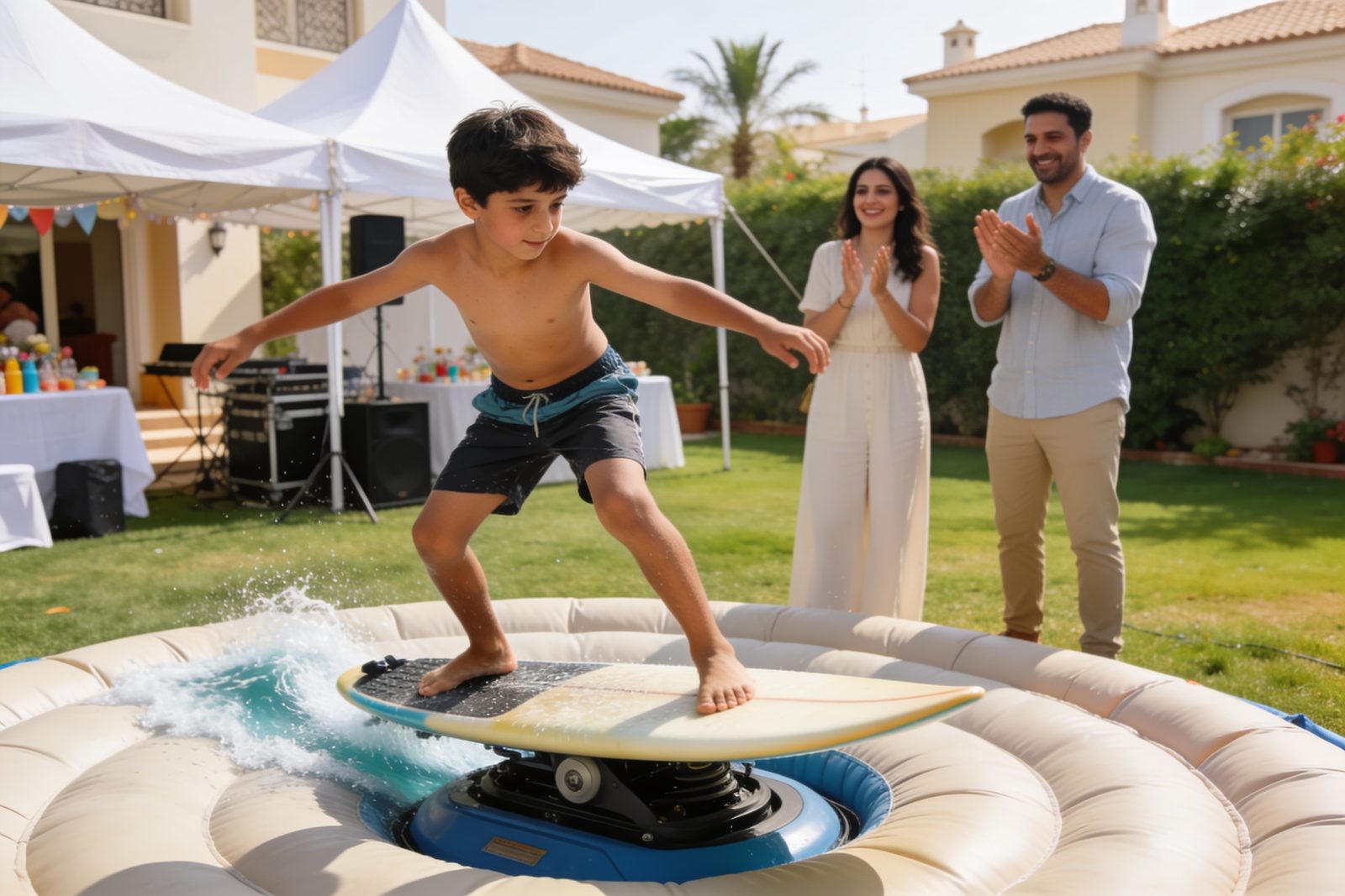 Boy riding a surf simulator at a Dubai birthday party