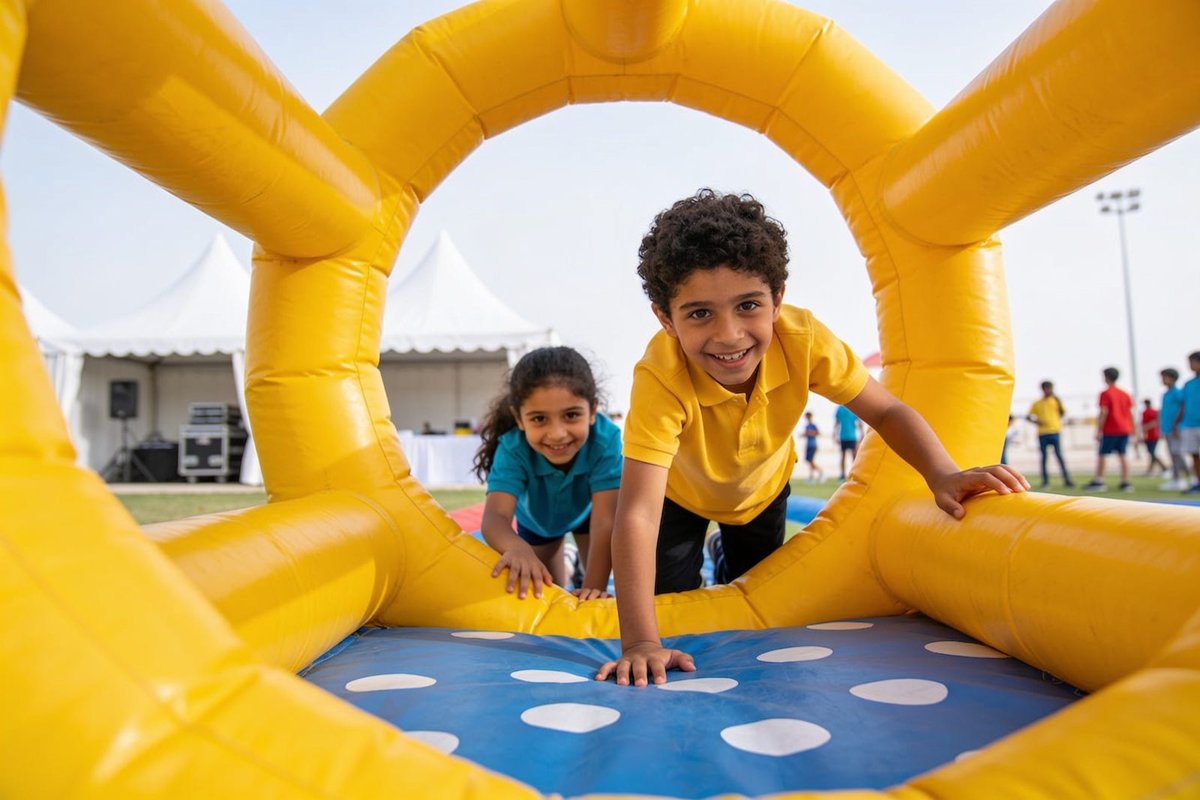 Kids crawling through an inflatable obstacle in Dubai