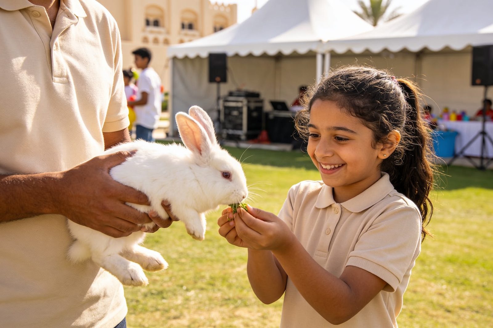 Girl feeding a rabbit at a kids party in Dubai