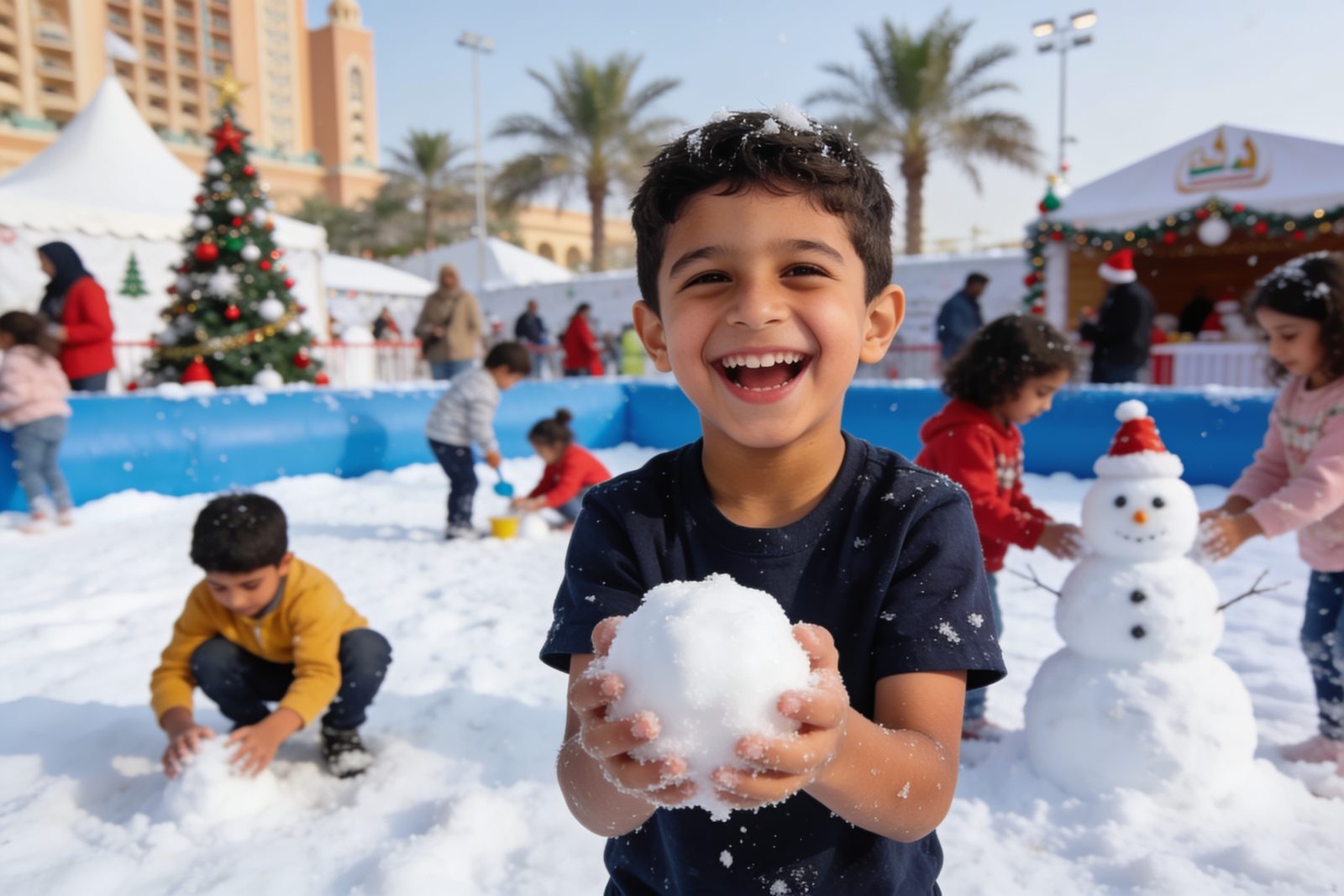 Boy holding a snowball at a Christmas family day in Dubai