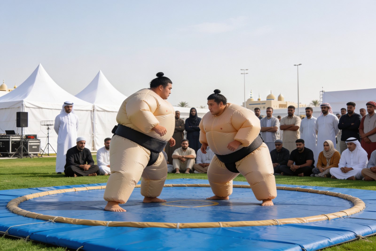 Sumo suit match on a padded mat at a Dubai family day