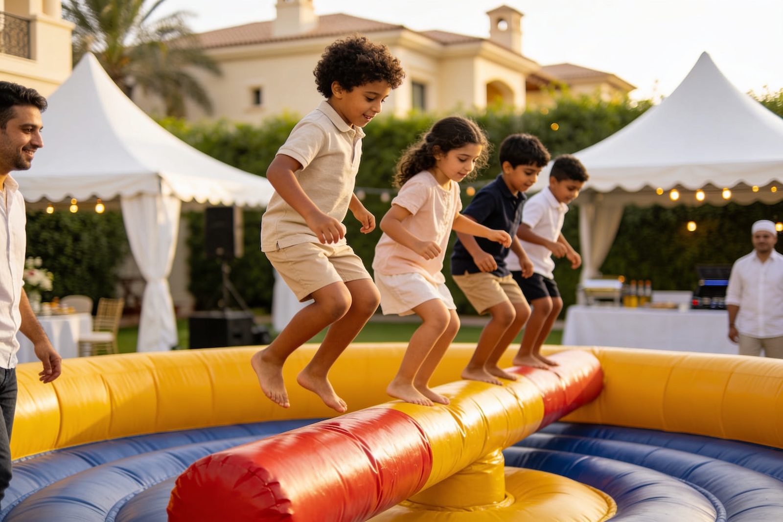 Kids jumping over a meltdown game arm at a Dubai party